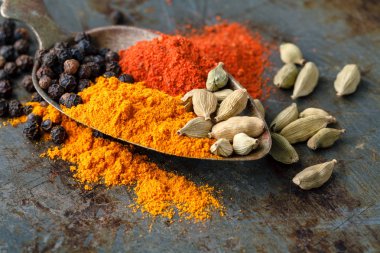 geniş ürün yelpazesine koyu arka plan üzerine kaşık baharatlı baharat