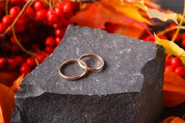 黄金の紅葉と石の結婚指輪 — ストック写真