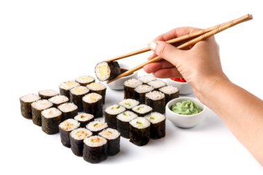 Balık ve pirinç, kazık asorted tablo ile Japonya rulo