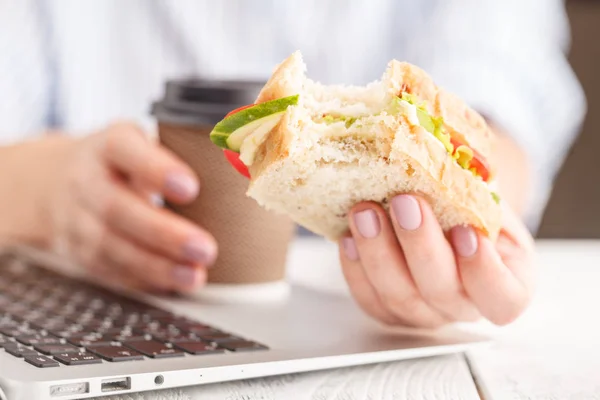 Bitten Cheese Lettuce Sandwich Hand Whole Sandwich — Stock Photo, Image