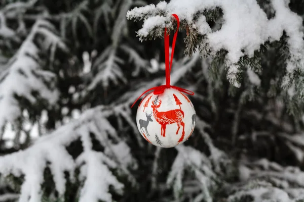 Boule Noël Avec Ornement Blanc Est Accroché Sur Branche Sapin — Photo