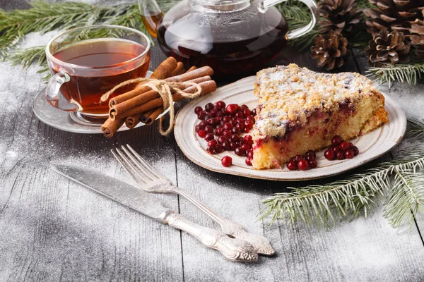 Traditional Christmas Cake Dried Fruits Raisins Cup Tea Wooden Table — Stock Photo, Image