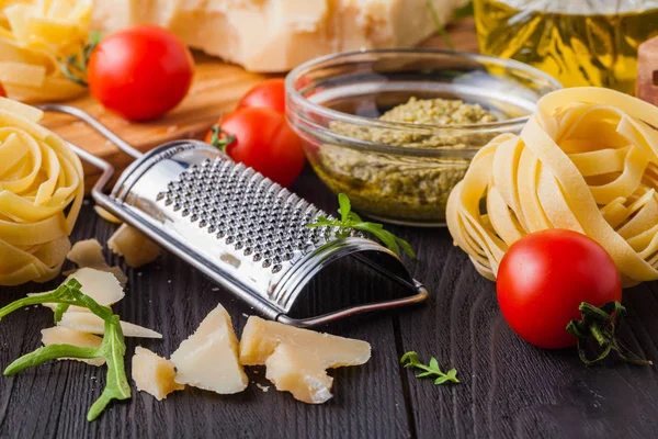 Fresh homemade pasta with pasta ingredients