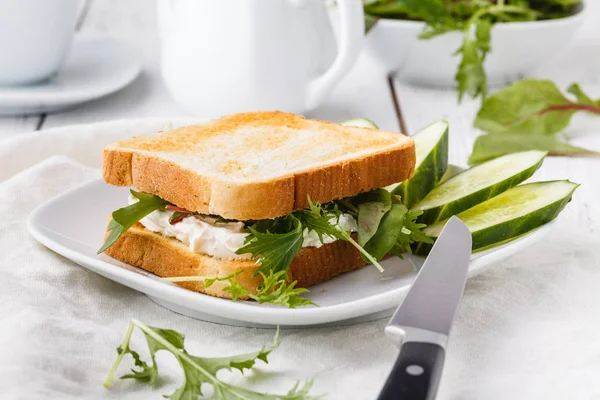 Sándwiches saludables con pan de grano múltiple, queso crema y verduras — Foto de Stock