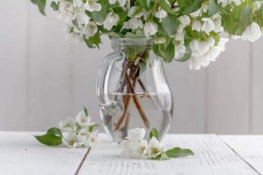 Vazoda bahar elma ağacı çiçekleri buketi. Romantik çiçek 