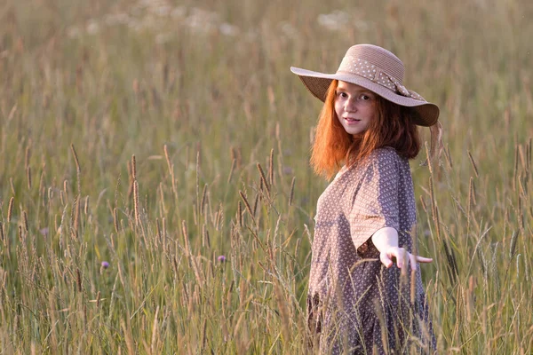 夏の草地で草の上で遊んでいる感情的な赤毛の女の子エレガントなドレスで日没時に — ストック写真