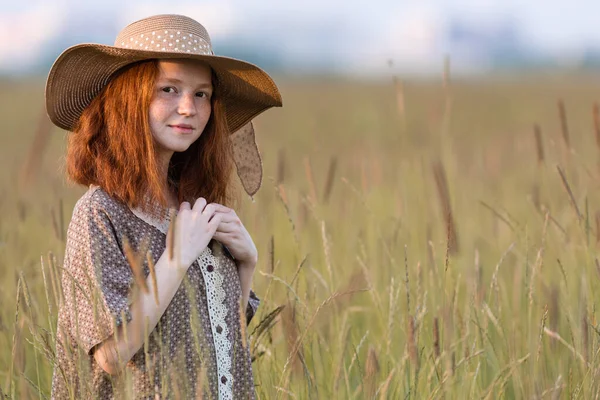 感情的な赤毛の女の子はエレガントなドレスで日没時に夏の牧草地に草の中に立っています — ストック写真