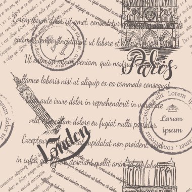 Silinmiş metin, pullar, Notre-Dame Katedrali ve Paris ve Londra harfleriyle Big Ben, bej arka planda kusursuz desen