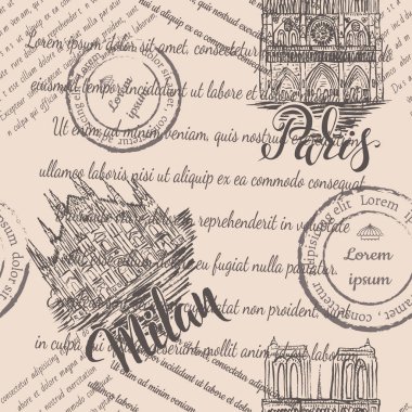 Silinmiş metinler, pullar, Notre-Dame Katedrali ve Milan Katedrali 'nin harfleri Paris ve Milan, bej arka planda pürüzsüz bir desen.