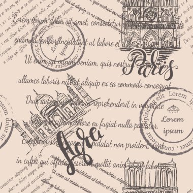 Silinmiş metinler, pullar, Notre-Dame Katedrali ve Paris ve Agra harfleriyle Tac Mahal, bej arka planda kusursuz desenler.