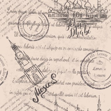 Silinmiş metinler, pullar, Şeyh Zayed Camii, Kremlin, Abu Dabi, Moskova harfleri, bej arka planda pürüzsüz desenler.