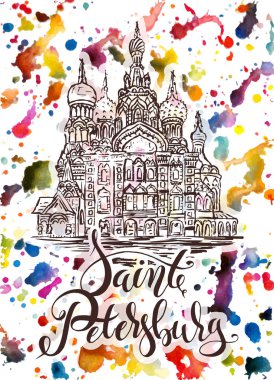 Saint Petersburg etiketiyle Kanlı Kurtarıcı Kilisesi ve çok renkli suluboya arkaplan üzerine yazılar çizildi.