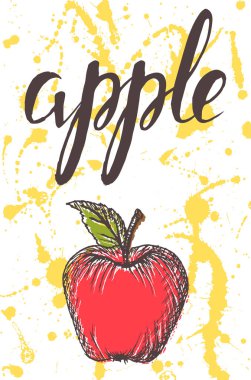 Vektör illüstrasyonu, suluboya spreylere yazılı el çizimi elma.