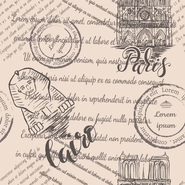 Faded text, stamps, Notre-Dame Cathedral and Sphinx with lettering Paris and Cairo, seamless pattern on beige background