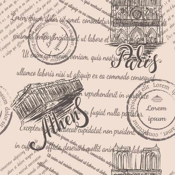 Faded text, stamps, Notre-Dame Cathedral and Acropolis with lettering Paris and Athens, seamless pattern on beige background