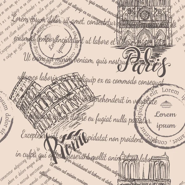 Faded text, stamps, Notre-Dame Cathedral and Coliseum with lettering Paris and Rome, seamless pattern on beige background