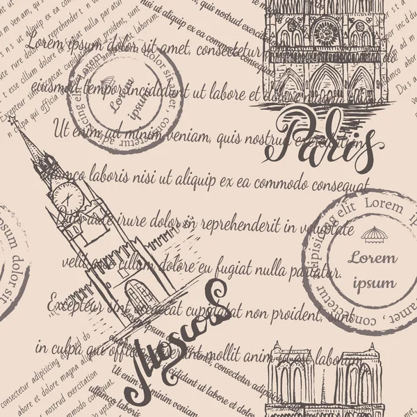 Faded text, stamps, Notre-Dame Cathedral and Kremlin with lettering Paris and Moscow, seamless pattern on beige background