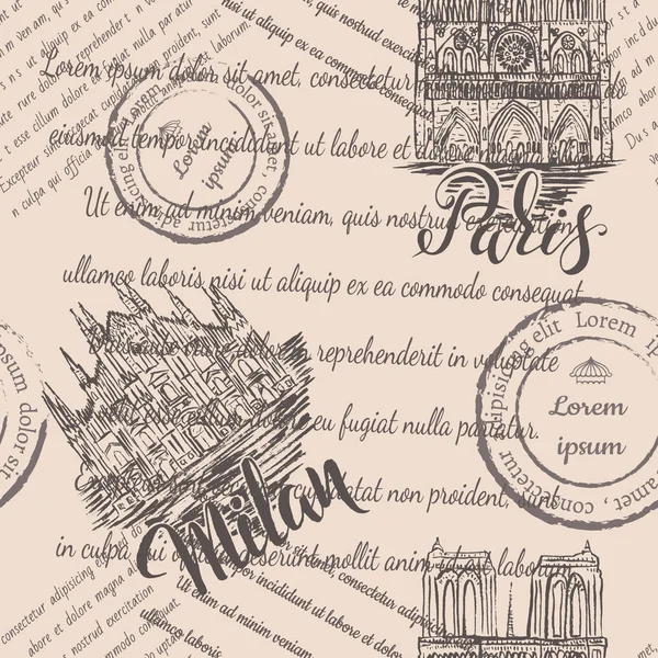 Faded text, stamps, Notre-Dame Cathedral and Milan Cathedral with lettering Paris and Milan, seamless pattern on beige background