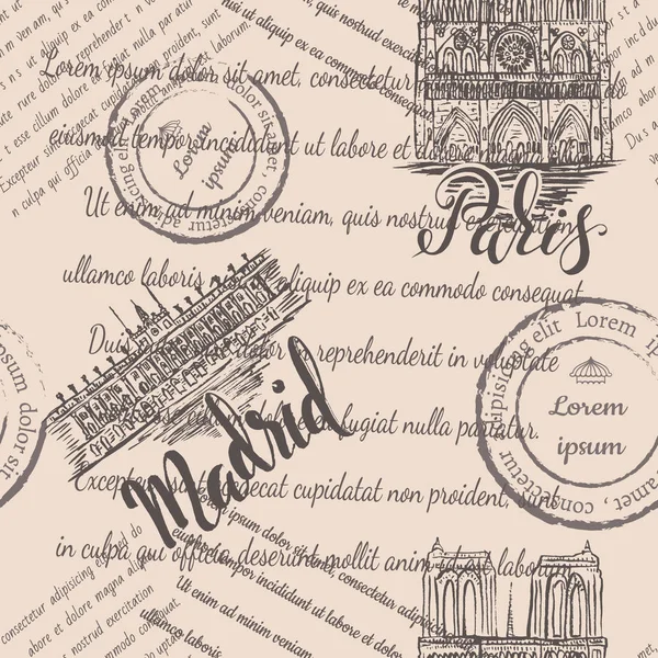 Faded text, stamps, Notre-Dame Cathedral and Royal Palace with lettering Paris and Madrid, seamless pattern on beige background