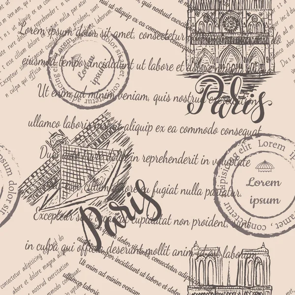 Увядший Текст Марки Собор Нотр Дам Лувр Надписью Париж Бесшовный — стоковый вектор