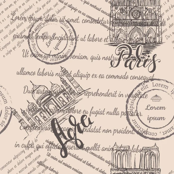 Texte Fané Timbres Cathédrale Notre Dame Taj Mahal Avec Lettrage — Image vectorielle