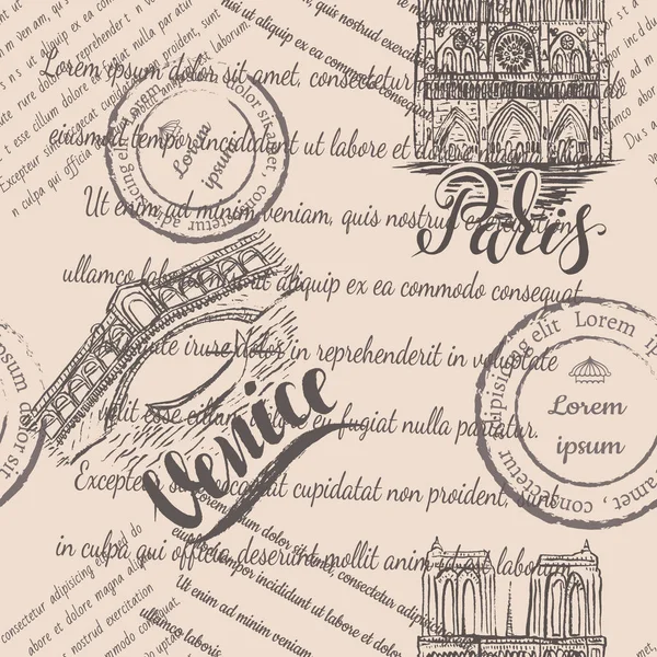 Faded text, stamps, Notre-Dame Cathedral and the the Rialto Bridge with lettering Paris and Venice, seamless pattern on beige background