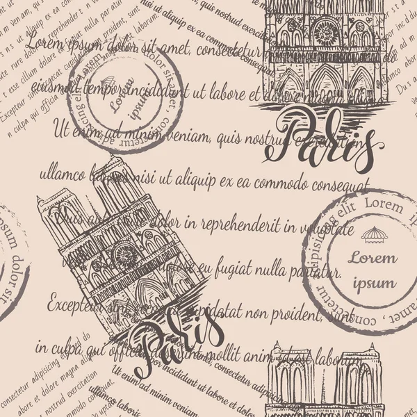 Faded text, stamps, Notre-Dame Cathedral with lettering Paris, seamless pattern on beige background
