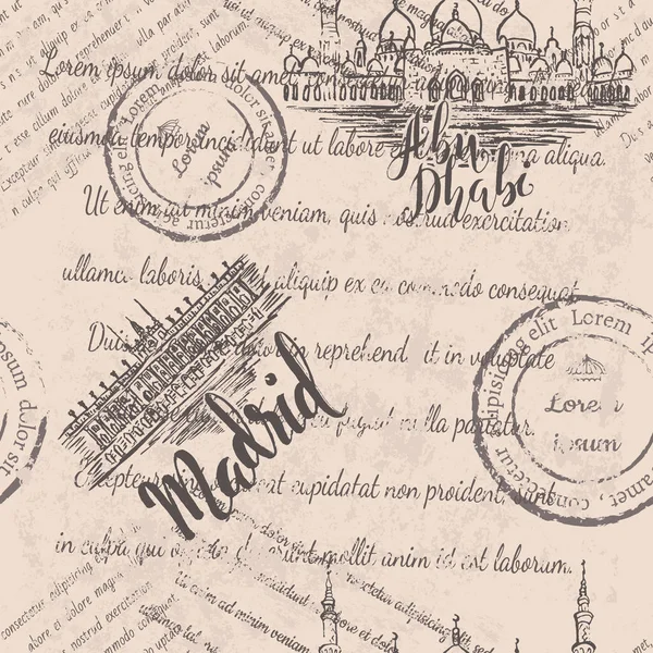 Faded Κείμενο Γραμματόσημα Sheikh Zayed Τζαμί Βασιλικό Παλάτι Της Μαδρίτης — Διανυσματικό Αρχείο