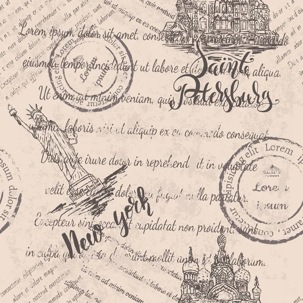 Κείμενο Ξεθωριασμένο Γραμματόσημα Άγαλμα Της Ελευθερίας Και Εκκλησία Του Σωτήρα — Διανυσματικό Αρχείο