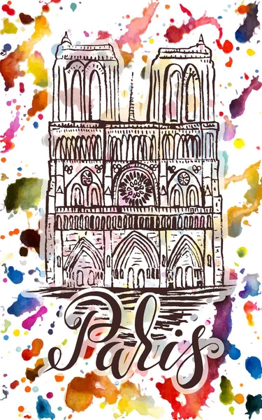 Pařížský Štítek Ručně Kresleným Kostelem Katedrály Notre Dame Nápisy — Stockový vektor