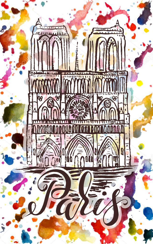 Paris label with hand drawn the Church of Notre-Dame Cathedral and lettering