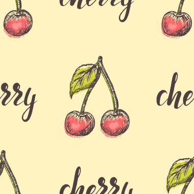Vektör illüstrasyonu, bej arkaplanda renkli kirazlı pürüzsüz desen