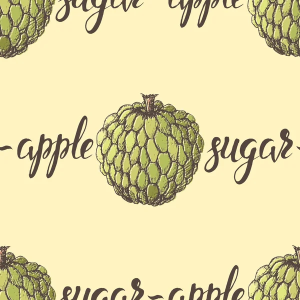 矢量图解 无缝图案 色彩艳丽的糖苹果和米色背景的题词 — 图库矢量图片