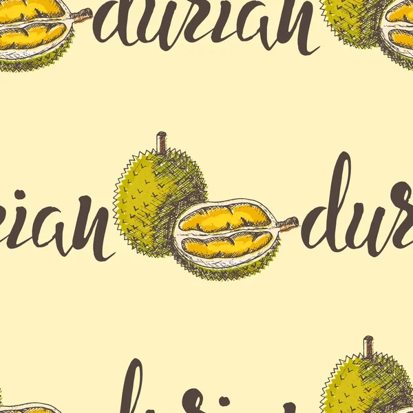 Vector Illustratie Naadloos Patroon Met Kleurrijke Durian Inscriptie Een Beige Vectorbeelden