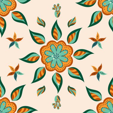 El çizimi kusursuz desen, soyut çiçek ve yapraklar süs, doğulu çok renkli desen