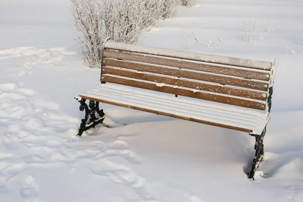 Snow-covered bench in the Park.