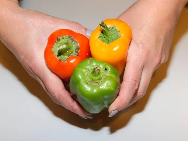 Složení ze tří paprik: červená, žlutá, zelená. — Stock fotografie