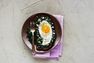 Kale, kızarmış yumurta ve beton arka plan üstten görünüm üzerinde beyaz peynir ile taze çavdar ekmeği sandviç. Sağlıklı yeme, zayıflama, diyet yaşam tarzı konsepti. Düz yatıyordu tarzı. Vejetaryen kahvaltı
