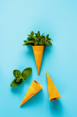 Bahar ya da yaz kompozisyon düz yatıyordu. Tatlı waffle koni ile taze nane yaprakları üzerinde pastel açık mavi renkli. Tatil ruh kavramı. Üstten görünüm.