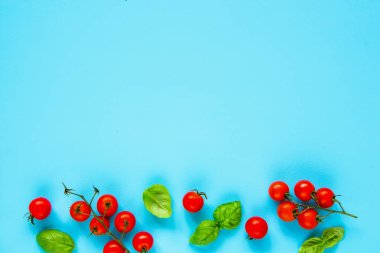 Domates ve fesleğen çerçeve pastel açık mavi renkli düz üzerinde yatıyordu. Temiz kompozisyon yeme. Üstten görünüm