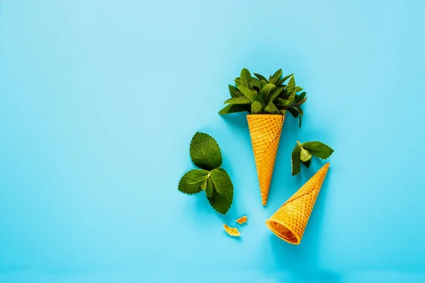 Süße Waffelkegel Mit Frischen Blättern Minze Auf Pastellblauem Hintergrund Flach — Stockfoto