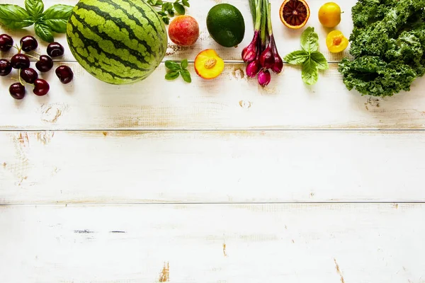 Frutas Sazonais Legumes Verduras Flat Lay Conceito Comida Verão Vida — Fotografia de Stock