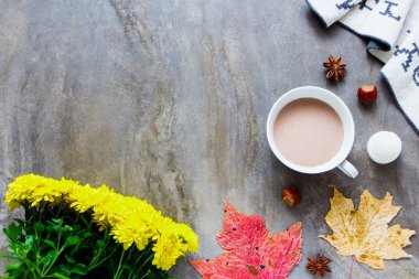 Taze çiçekler ve sıcak çikolata düz sonbahar kompozisyonu yatıyordu. Sonbahar, Güz konsepti.