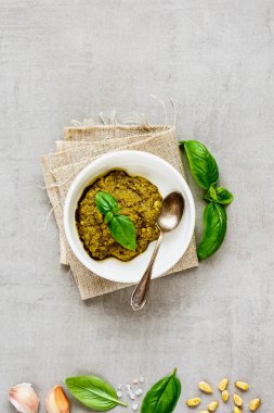 İtalyan fesleğen pesto sos ve malzemeler düz yatıyordu. Üstten görünüm, kopya alanı.