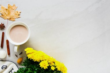 Sonbahar arka plan düz-lay. Sıcak çikolata, ekose, taze çiçekler, kurutulmuş yaprakları. Sonbahar, Güz konsepti.