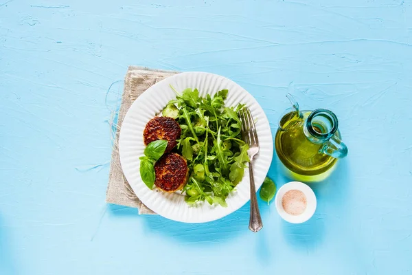 Homemade Cutlets Salad Blue Background Flat Lay — Stock Photo, Image