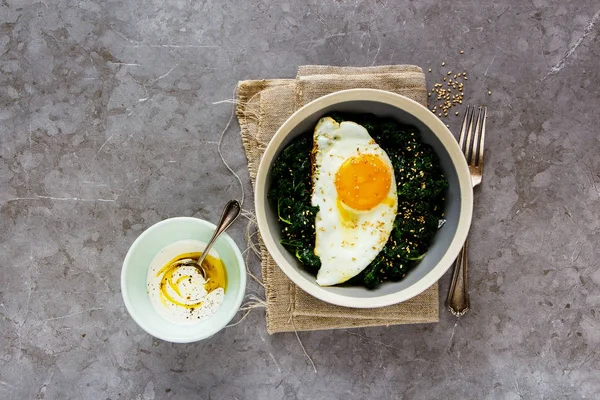 Tigela Almoço Vegetariano Saudável Flat Lay Café Manhã Com Ovo — Fotografia de Stock