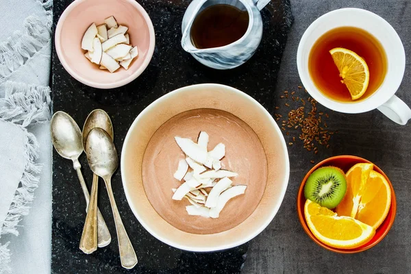 Flat Lay Tea Cup Maple Syrup Fresh Fruits Chocolate Yogurt — Stock Photo, Image