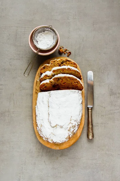 Pastel Tradicional Stollen Plano Laico Dresdner Cristo Pastelería Vista Superior — Foto de Stock