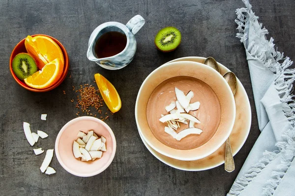 Fresh Fruits Maple Syrup Chocolate Yogurt Bowl Coconut Chips Flat — Stock Photo, Image